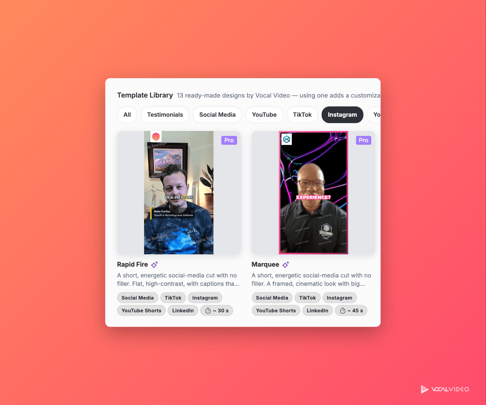 The Template Library filtered to Instagram, showing the vertical Rapid Fire and Marquee templates with their Instagram, TikTok and YouTube Shorts tags