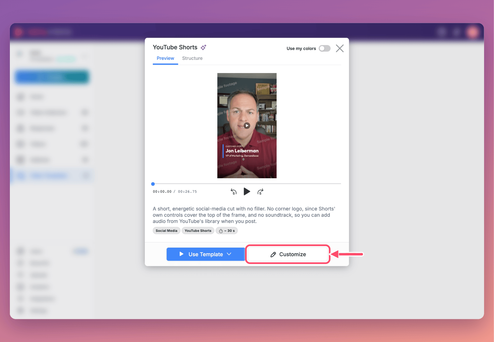 The YouTube Shorts template's page in the Template Library, with a vertical preview and its description, and an arrow pointing to the Customize button beside Use Template