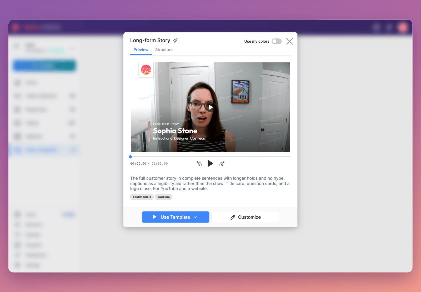 The Long-form Story template's page in the Template Library, with a horizontal preview of a customer story and its description, For YouTube and a website
