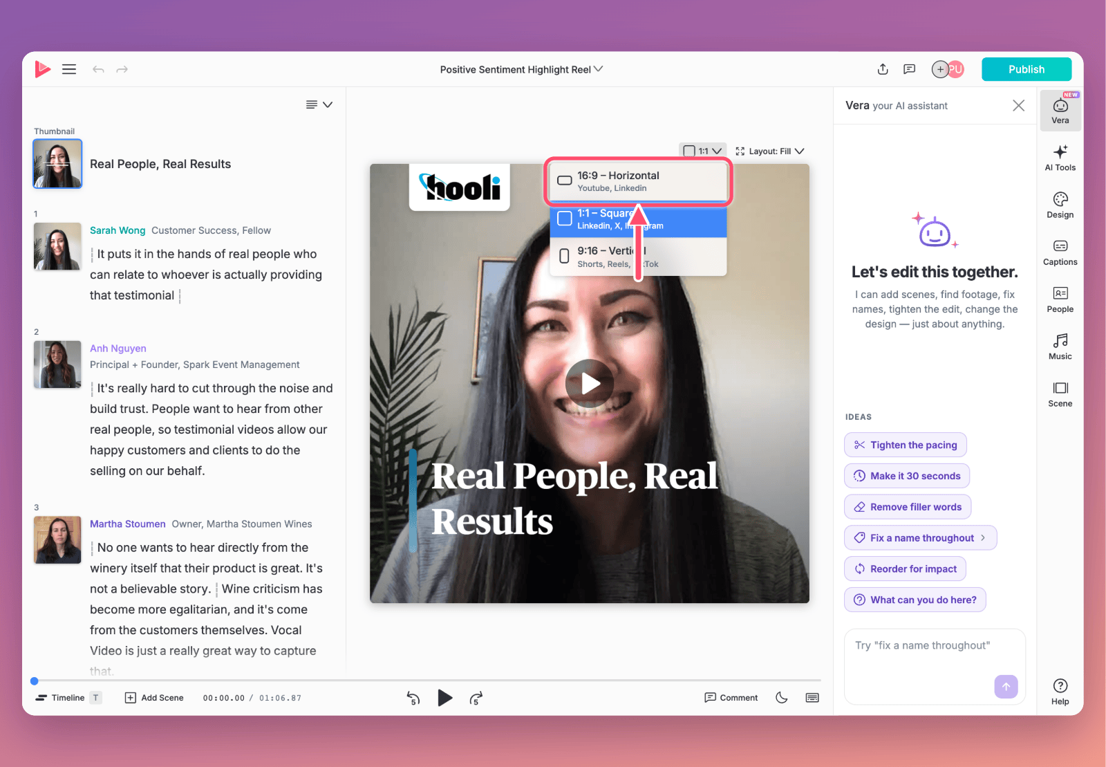 The editor with the format menu open above a video, and an arrow pointing to 16:9 – Horizontal, labeled Youtube, Linkedin