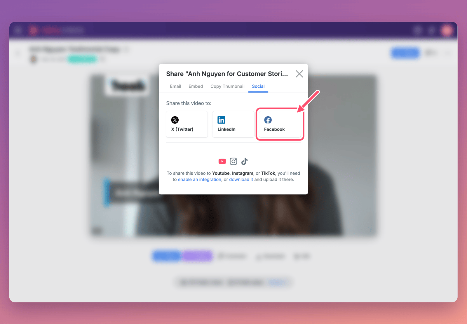 A published video's Share window on the Social tab, with an arrow pointing to the Facebook button beside X (Twitter) and LinkedIn