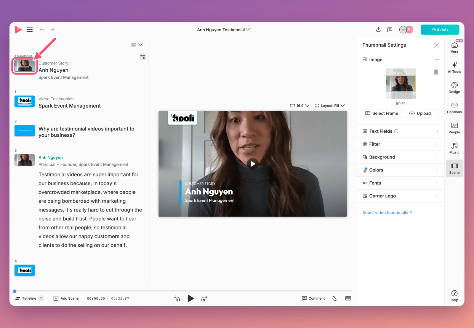 The video editor with an arrow pointing to the Thumbnail item at the top of the scene list, and the Thumbnail Settings panel open on the right: Image, Text Fields, Filter, Background, Colors, Fonts and Corner Logo