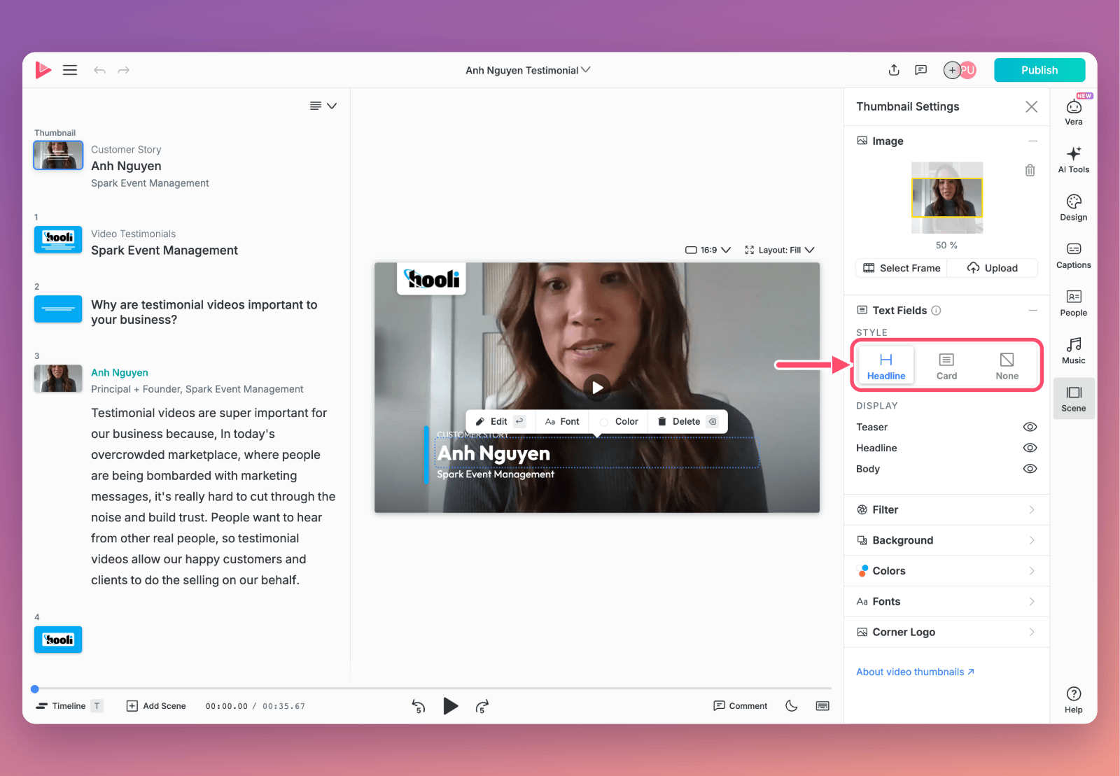 Thumbnail Settings with Text Fields open and an arrow pointing to the Style options Headline, Card and None, above the Display toggles for Teaser, Headline and Body; in the preview, the headline 'Anh Nguyen' is selected with an Edit, Font, Color and Delete toolbar