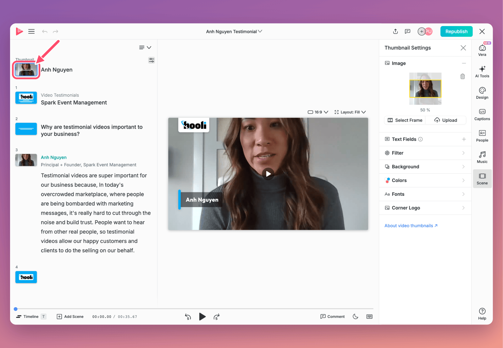 A published video open in the editor, with an arrow pointing to the Thumbnail item at the top of the scene list and the Thumbnail Settings panel open on the right