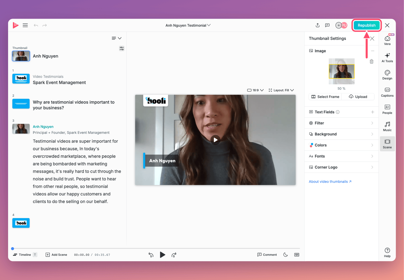 The video editor with an arrow pointing to the Republish button in the top right