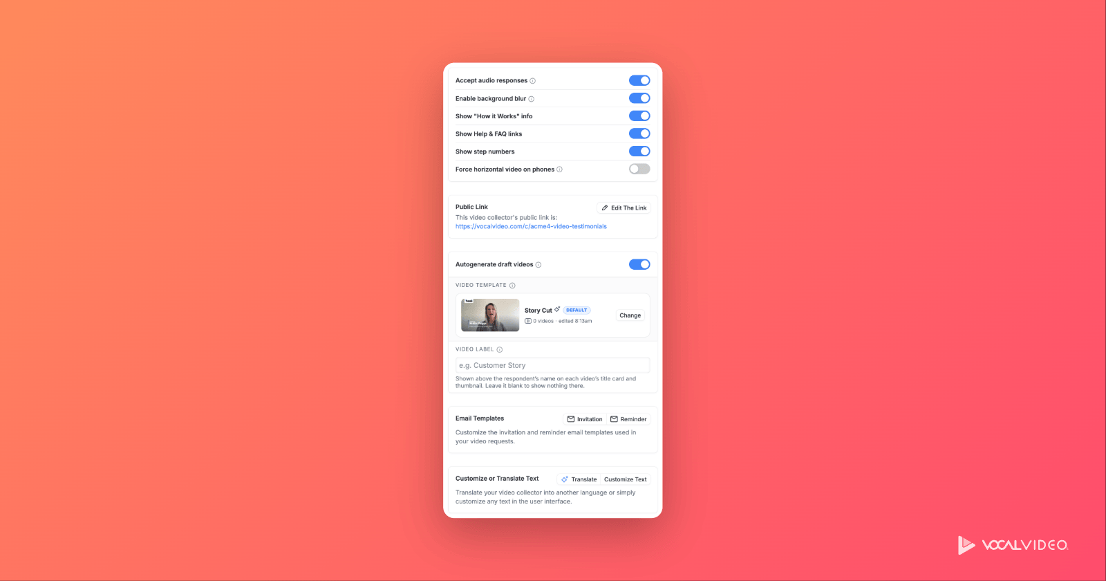 A collector's Settings page: response and display switches, the public link, Autogenerate draft videos with its Story Cut template, the video label, email templates, and Customize or Translate Text.