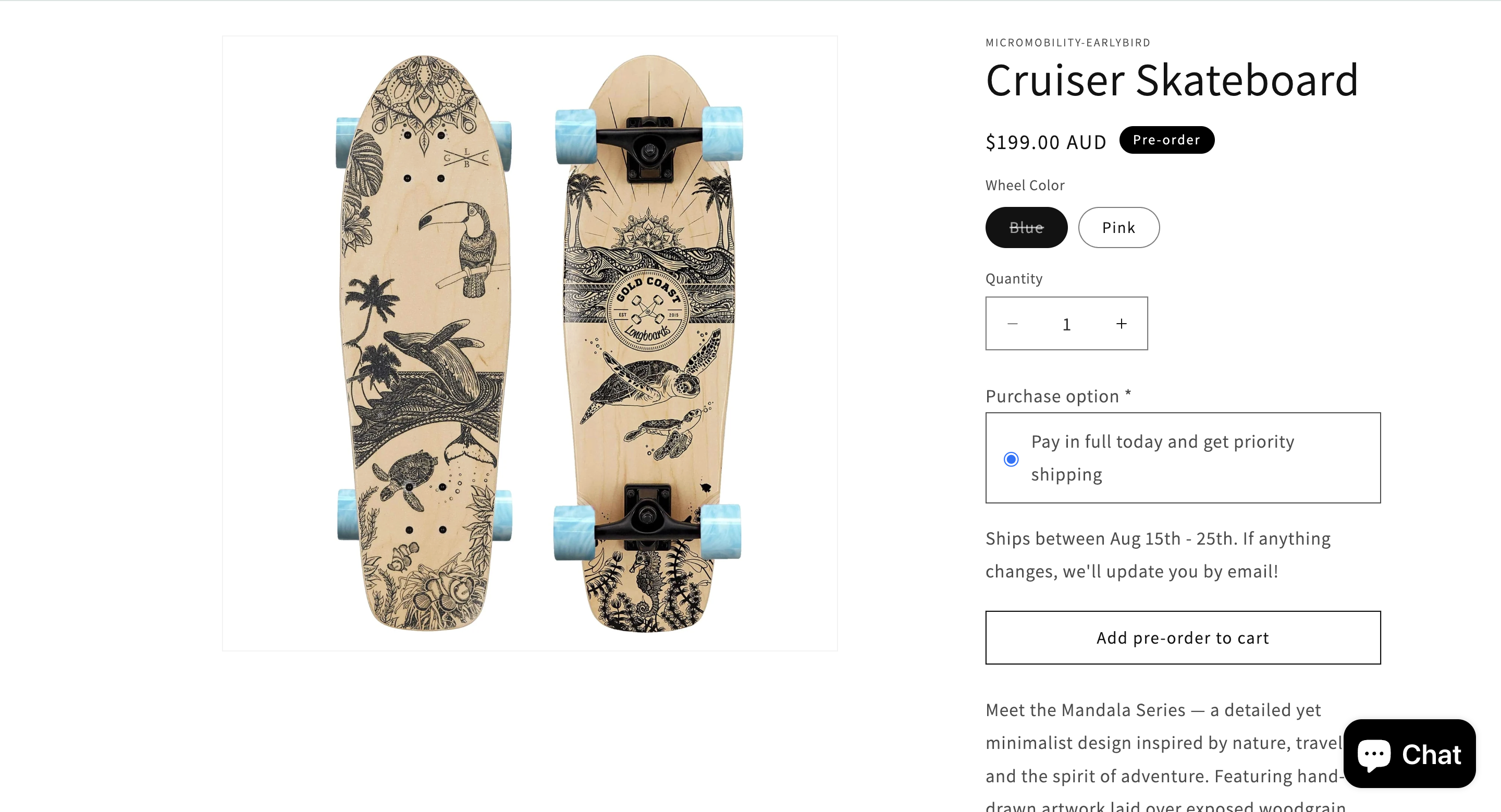 A screenshot of a Shopify online storefront with a Cruiser Skateboard being sold as a preorder, to be paid in full and get priority shipping as the call to action.
