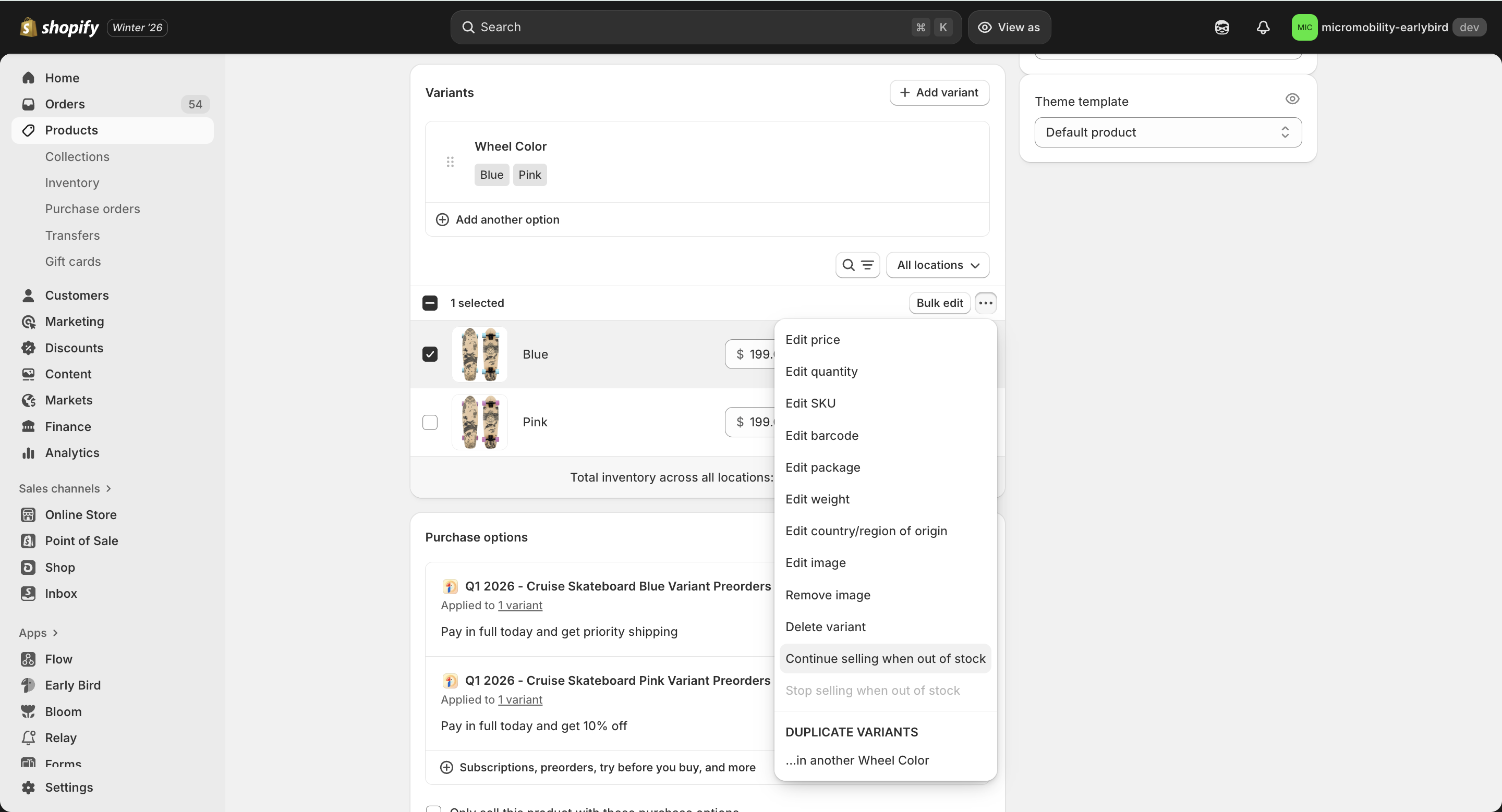 A screenshot of Shopify Admin on the Products interface, showing two variants of the Cruiser Skateboard, Blue and Pink, and displaying the Continue selling when out of stock functionality.