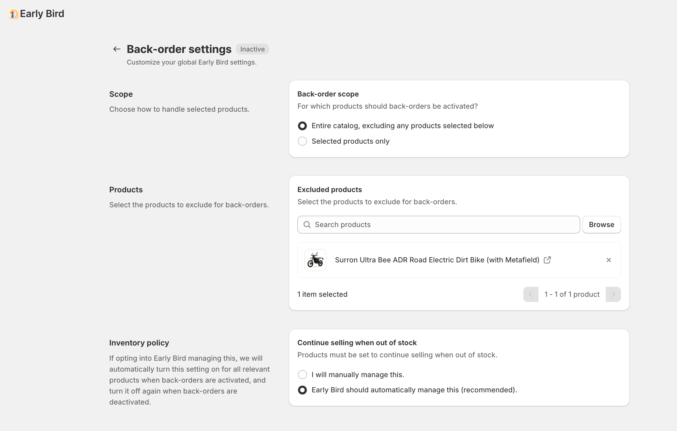 A screenshot of Shopify preorder app Early Bird's backorder settings, showing a scope to enable backorders across the entire product catalog, and enabling Continue selling when out of stock for the merchant.