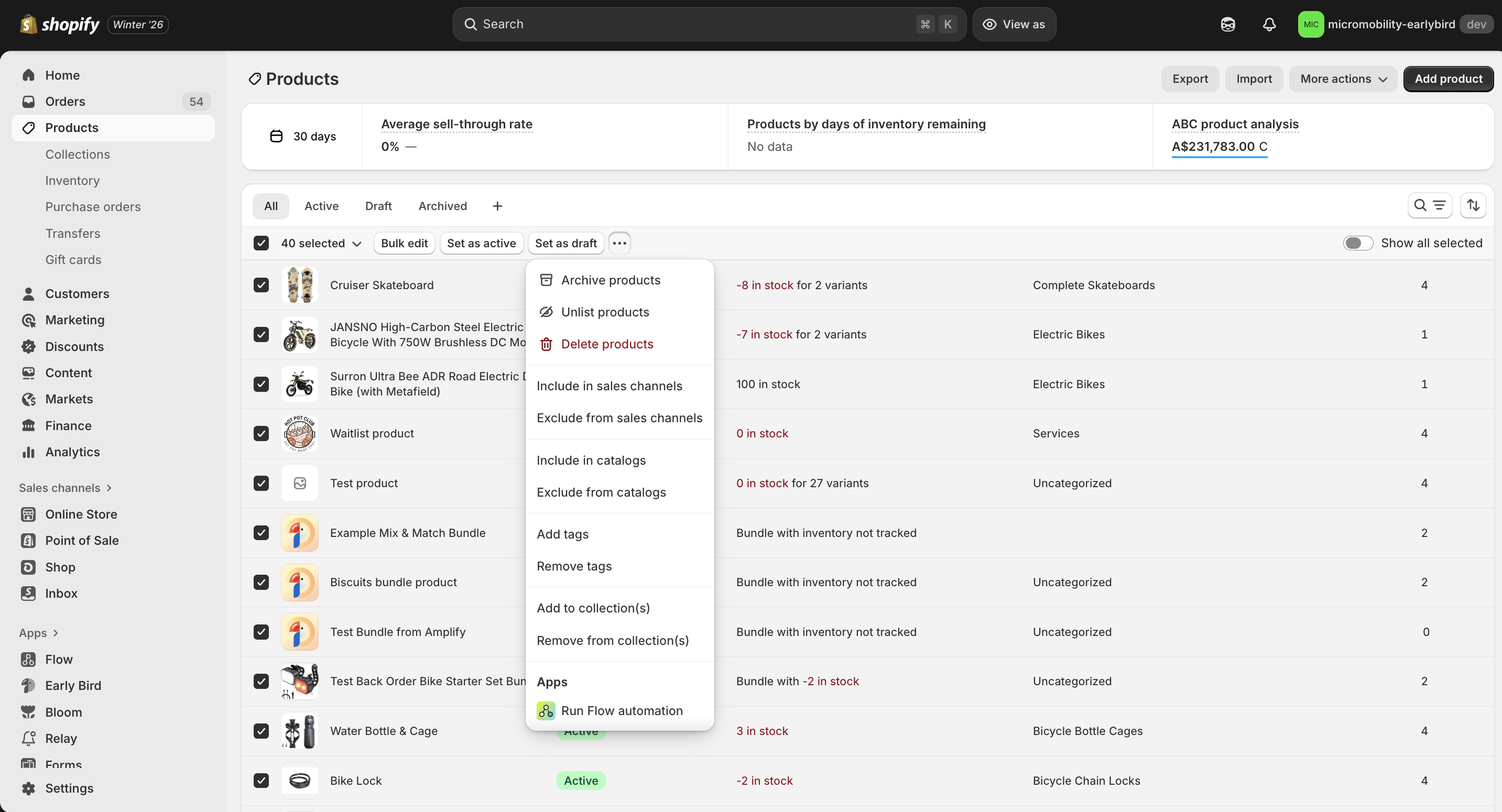 A screenshot of Shopify Products Admin, showing 40 products selected and to be added to the Point of Sale as a sales channel.