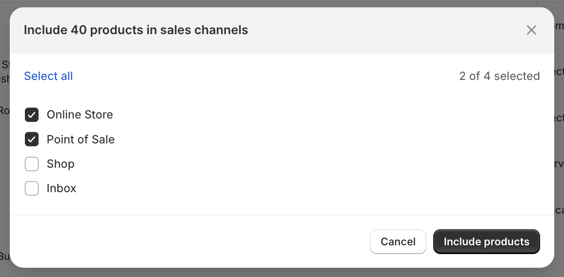A screenshot of the Shopify Admin where merchant select which sales channels to include their products on.