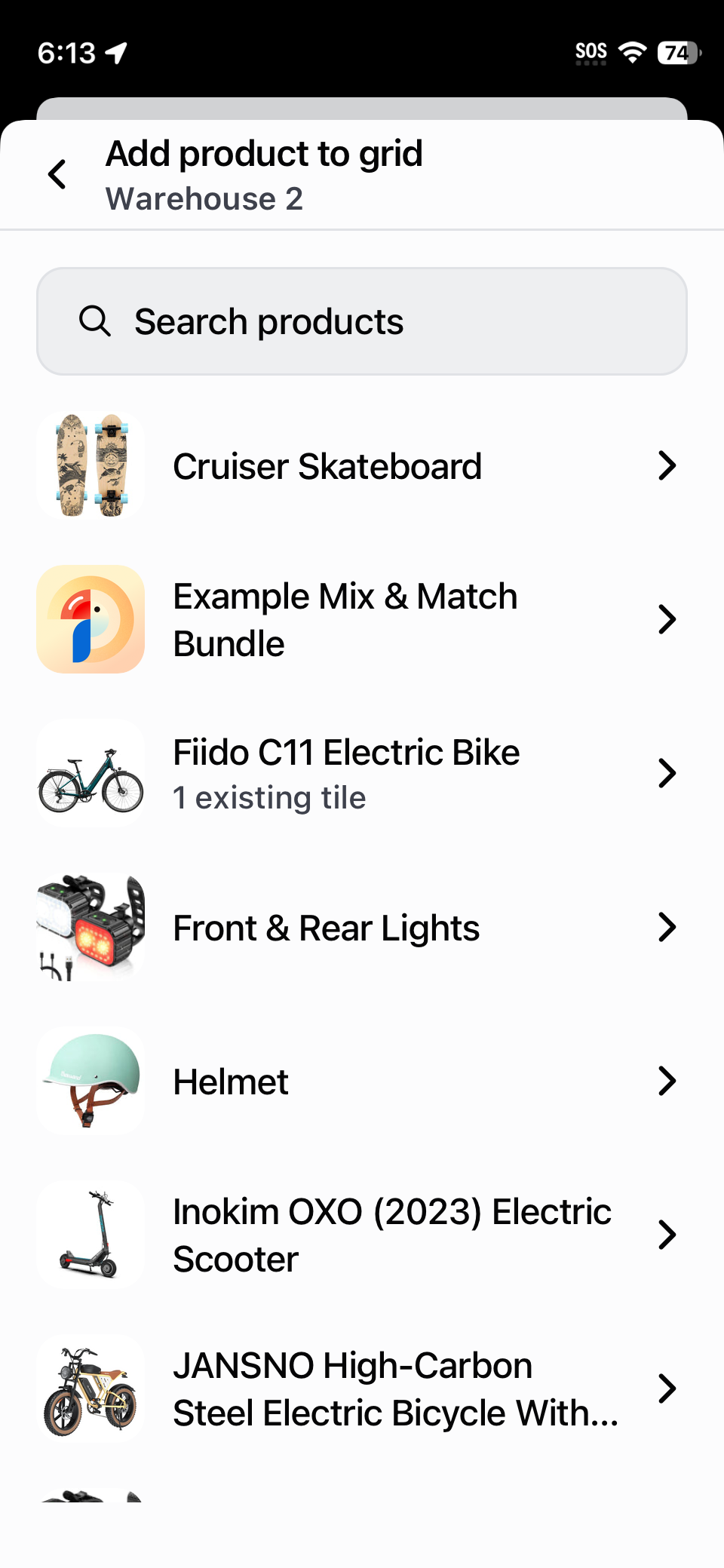 A screenshot of the Shopify POS app displaying products available to be added to the grid.