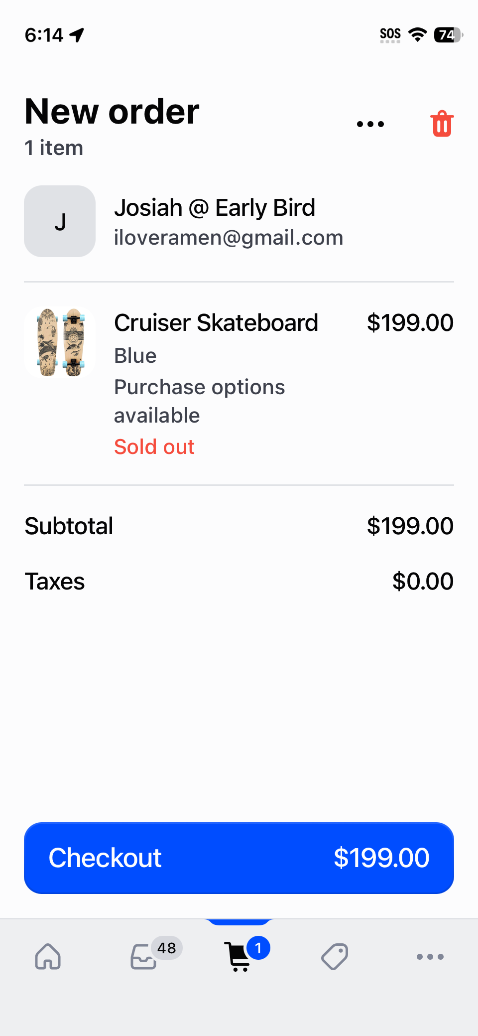 A screenshot of the Shopify POS app's checkout page, showing the Cruiser Skateboard blue variant is sold out but will be sold to customer as a backorder or preorder anyway.