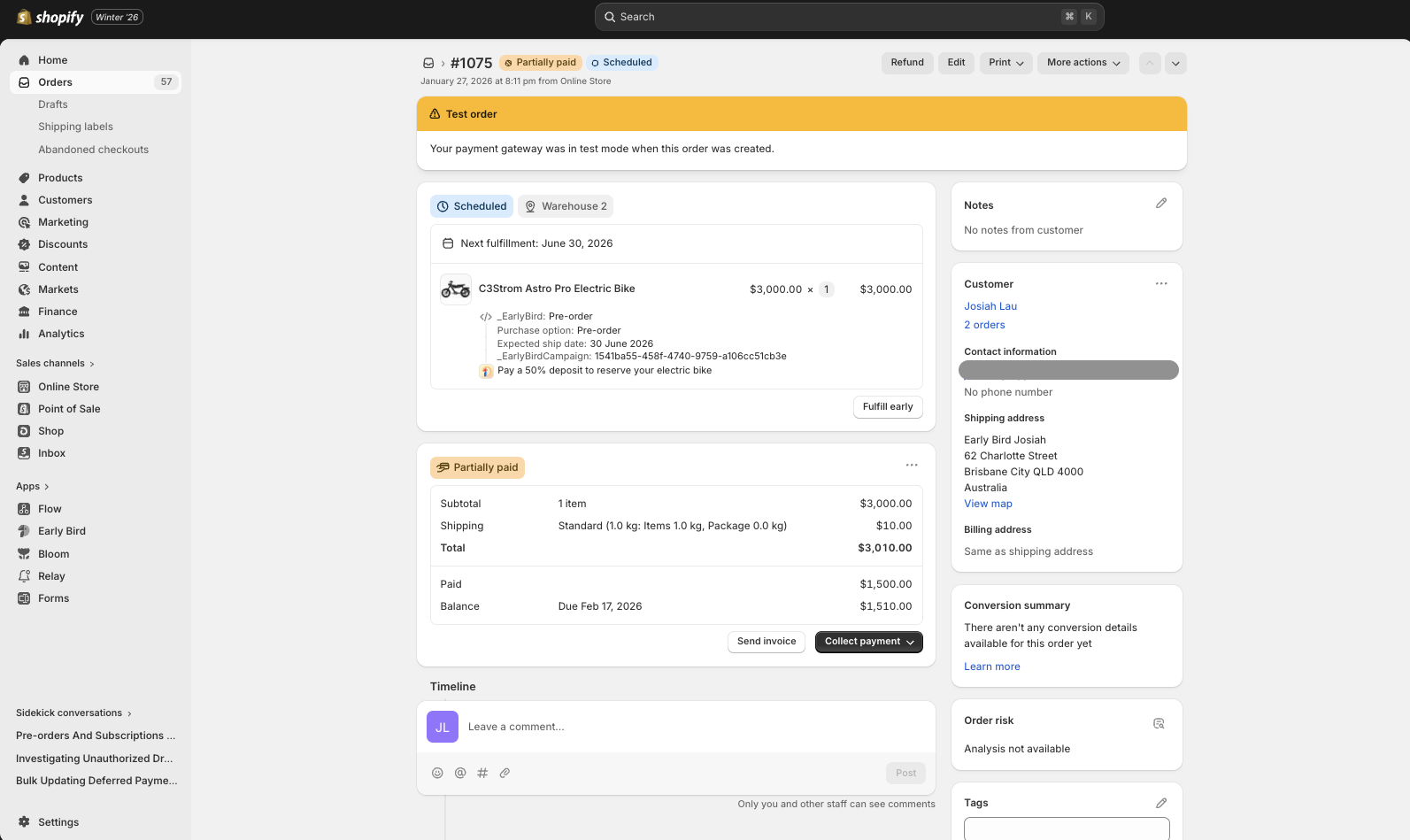 Shopify order #1075 showing a pre-order for CS3trom Astro Pro Electric Bike with 50% deposit paid ($1,500) and remaining balance of $1,510 due February 17, 2026