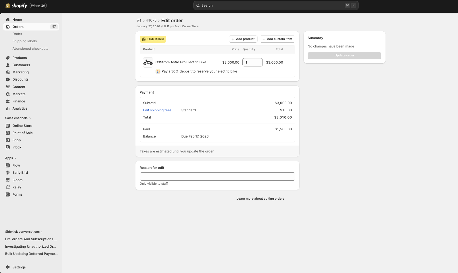 Shopify edit order screen with buttons to add product or add custom item, showing the pre-order item and payment details with option to edit shipping fees