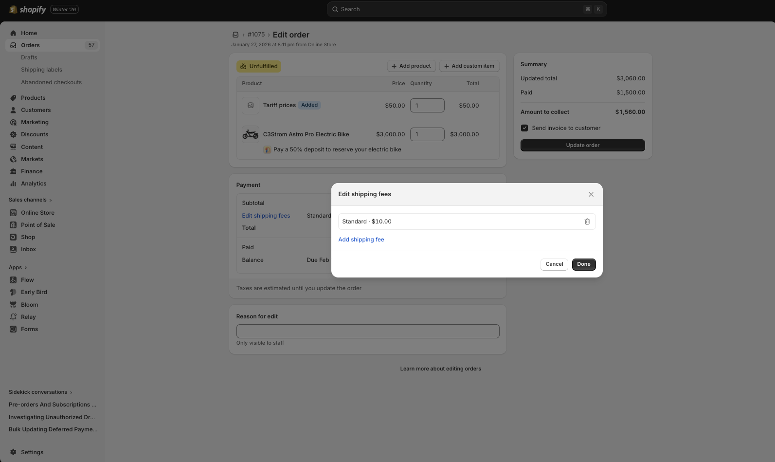 Edit shipping fees modal showing Standard shipping at $10.00 with option to add additional shipping fee