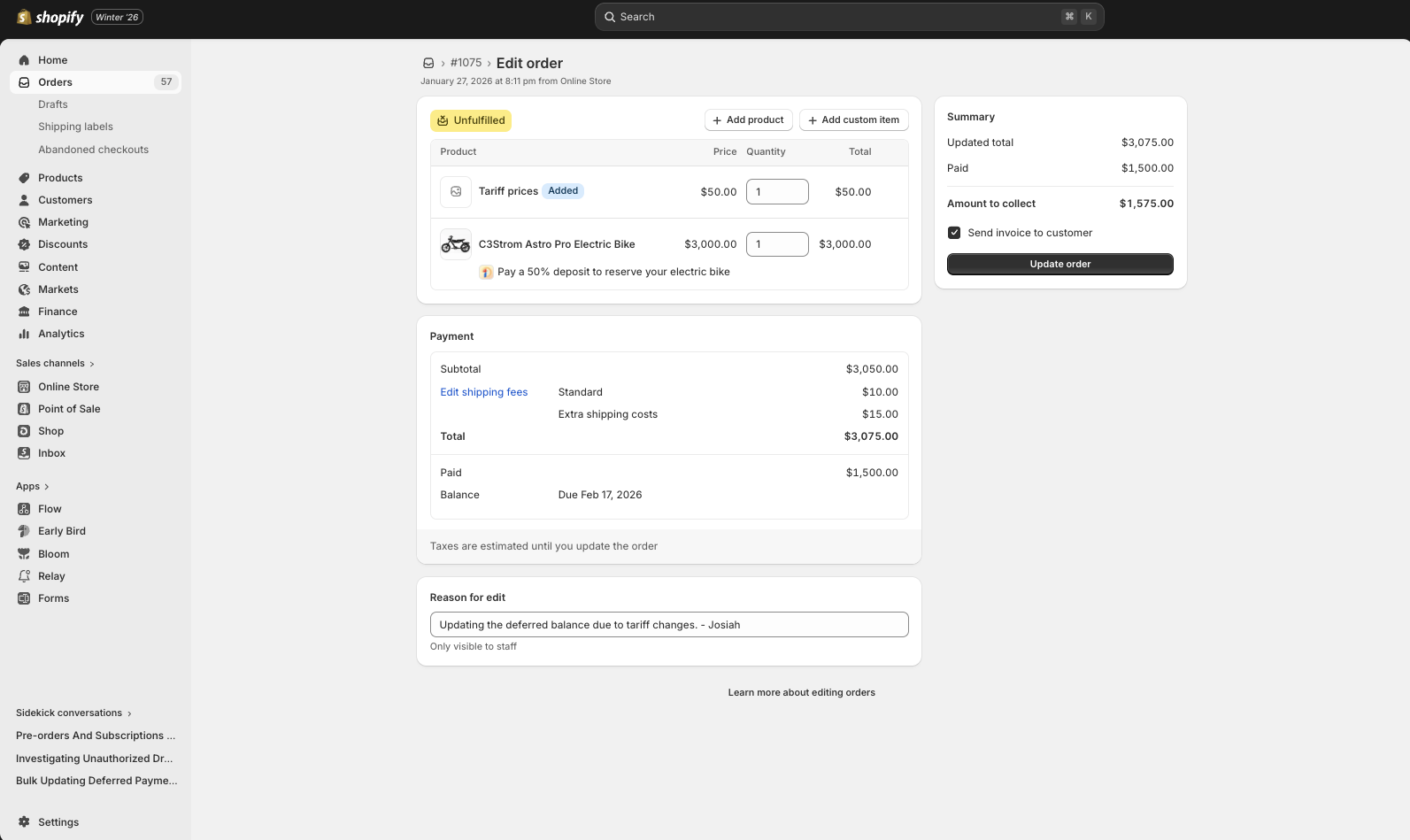 Edit order screen showing updated total of $3,075 with custom tariff prices line item ($50) and extra shipping costs ($15) added, plus 