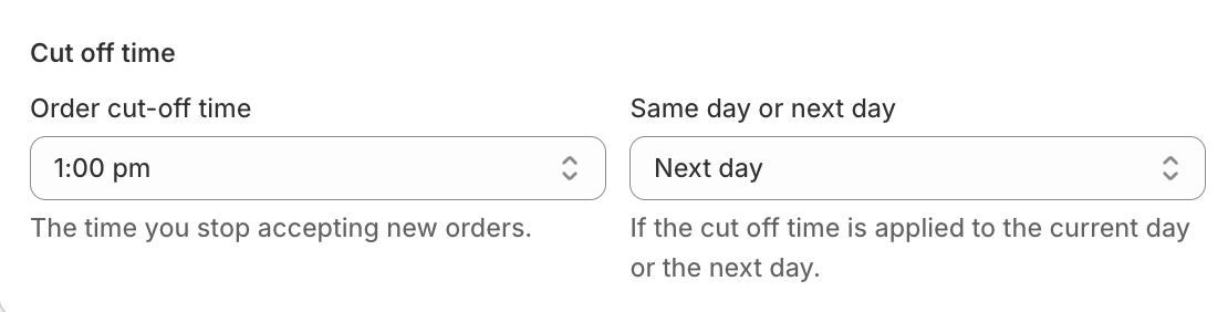 Shopify food & flower delivery & pickup app Bloom cut-off time settings showing order cut-off time set to 1:00 pm and same day or next day dropdown set to Next day
