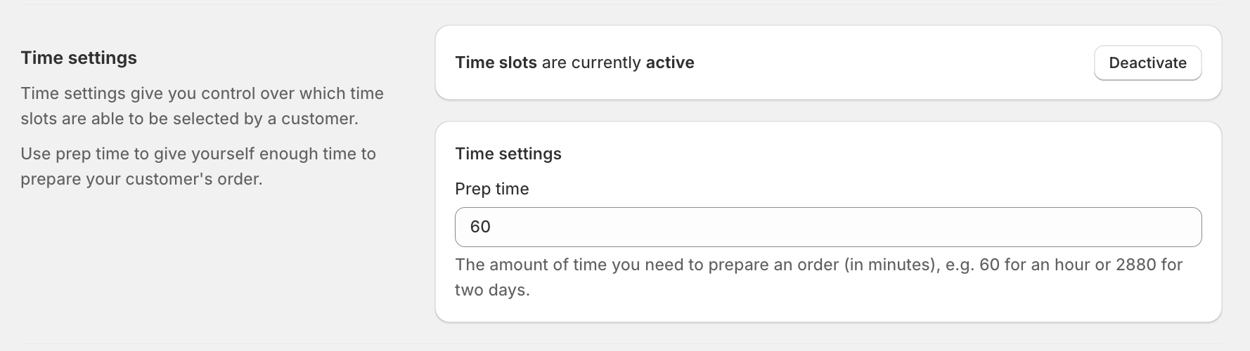Shopify food & flower delivery app Bloom time settings panel showing prep time field set to 60 minutes with explanation text below