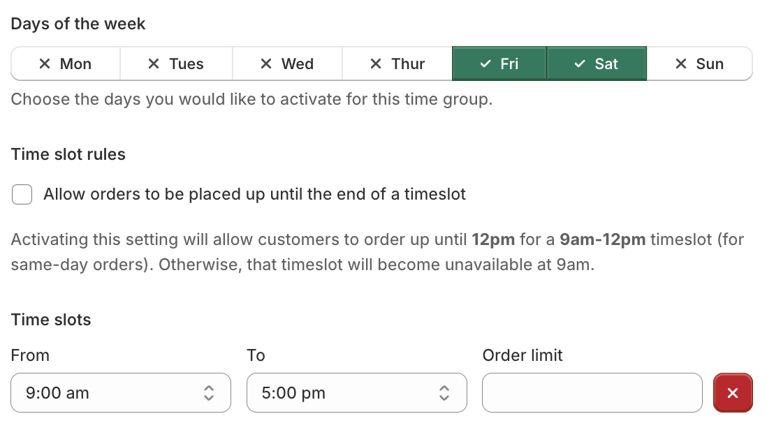 Shopify delivery & pickup Bloom app time slots section showing days of the week with only Friday and Saturday selected, and one time slot configured from 9:00 am to 5:00 pm with no order limit