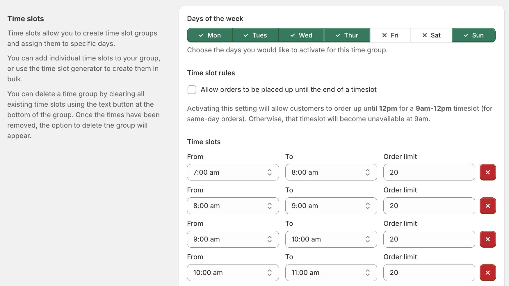 Bloom time slots showing Monday through Thursday and Sunday selected with multiple one-hour delivery slots from 7:00 am to 11:00 am, each with an order limit of 20