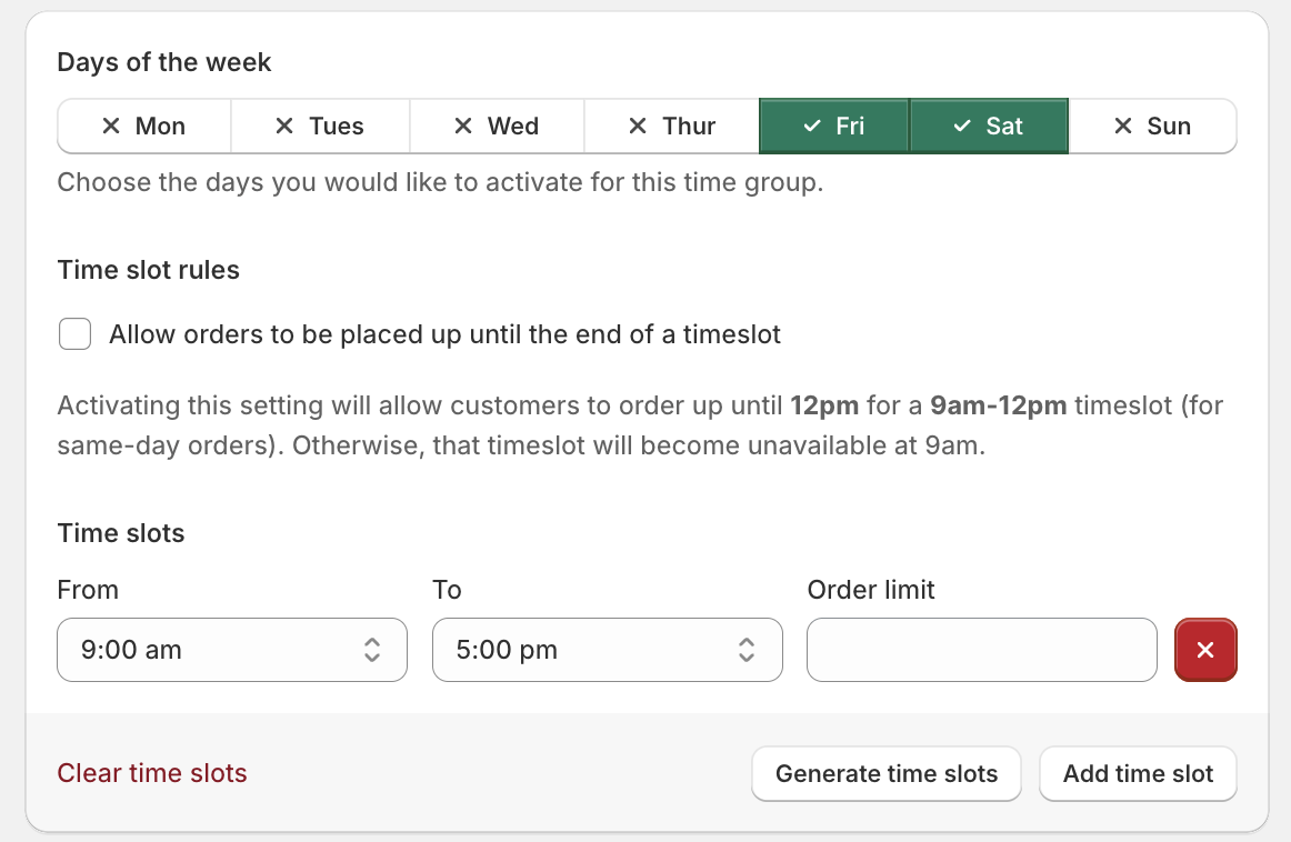 Close-up view of Bloom time slot settings with Friday and Saturday selected and a single 9:00 am to 5:00 pm time slot configured
