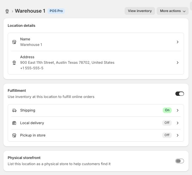 Shopify location details for Warehouse 1 showing fulfillment settings with toggle 