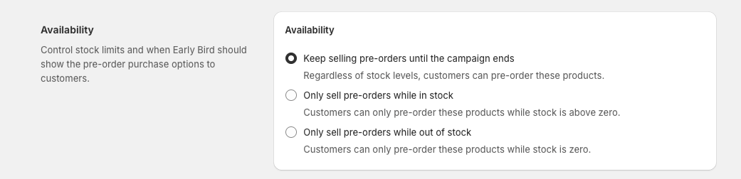 Early Bird Availability settings showing 