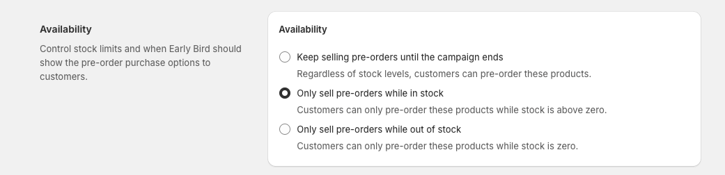 Early Bird Availability settings showing 