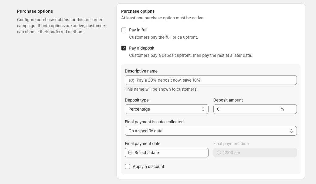 Early Bird Purchase options settings showing Pay a deposit selected with deposit type, amount, and final payment date fields
