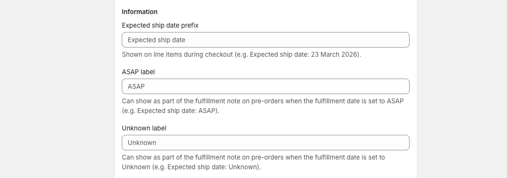Early Bird Information settings showing Expected ship date prefix, ASAP label, and Unknown label fields