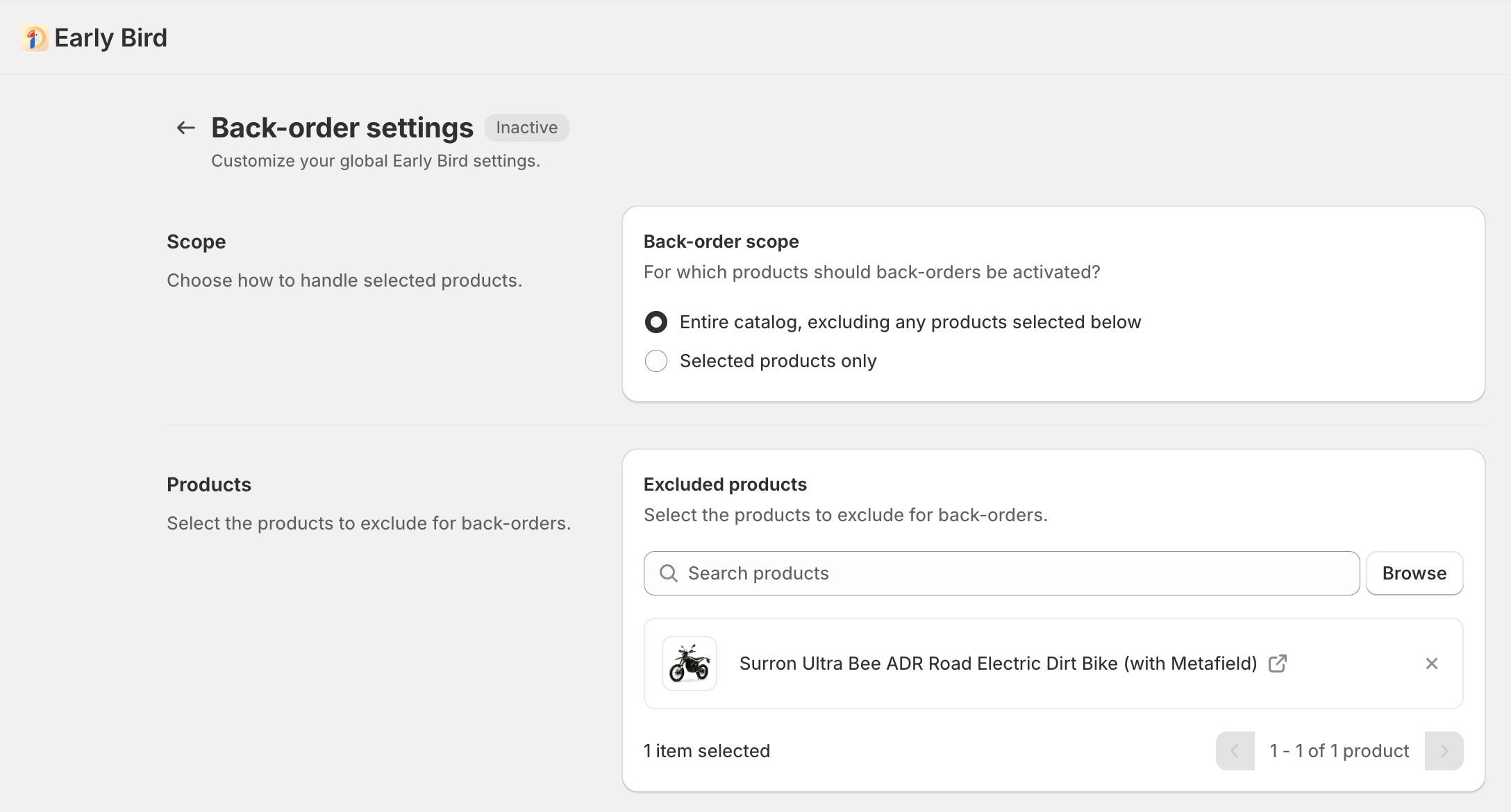 Early Bird app back-order settings page showing scope options with 