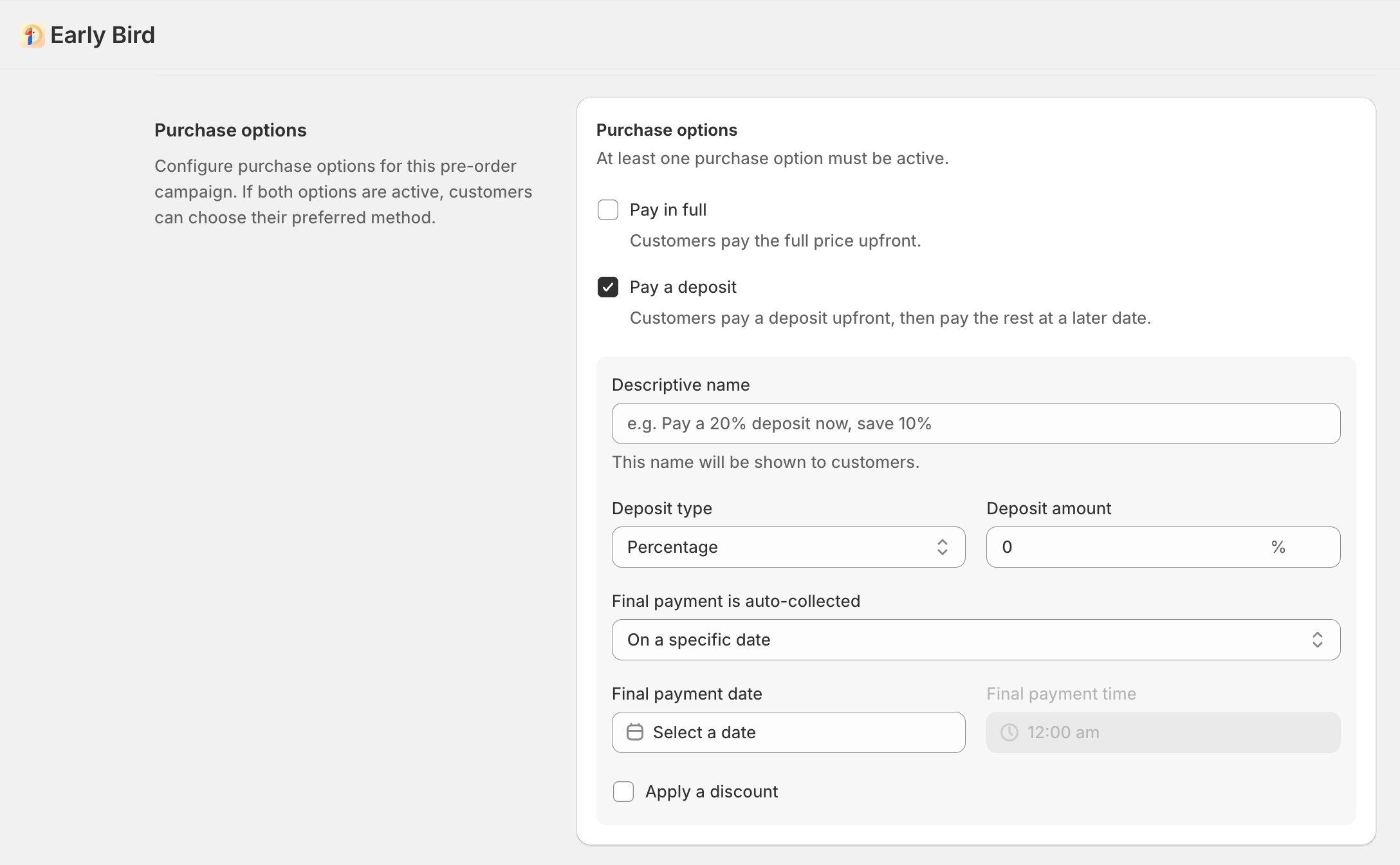 Early Bird app purchase options configuration showing 