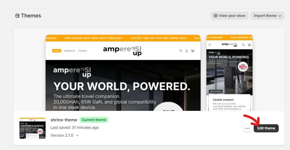 Shopify Themes page with red arrow pointing to Edit theme button