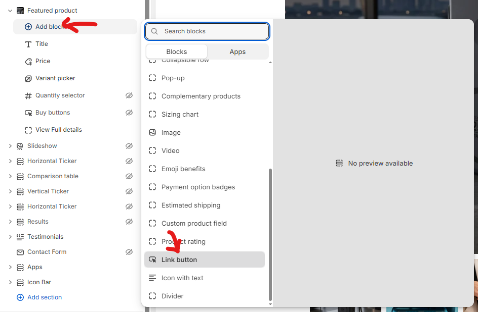 Add block menu open with Link button option highlighted