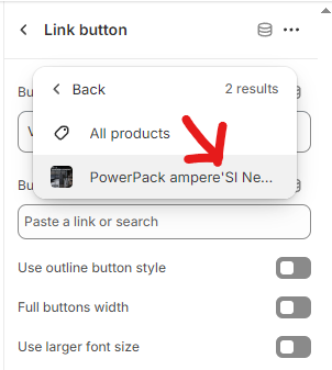 Link button settings panel showing product selection