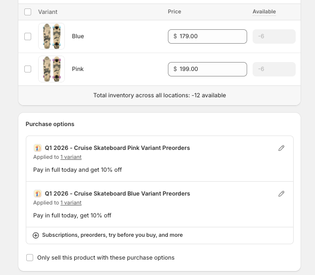 Shopify product settings showing Purchase options section with