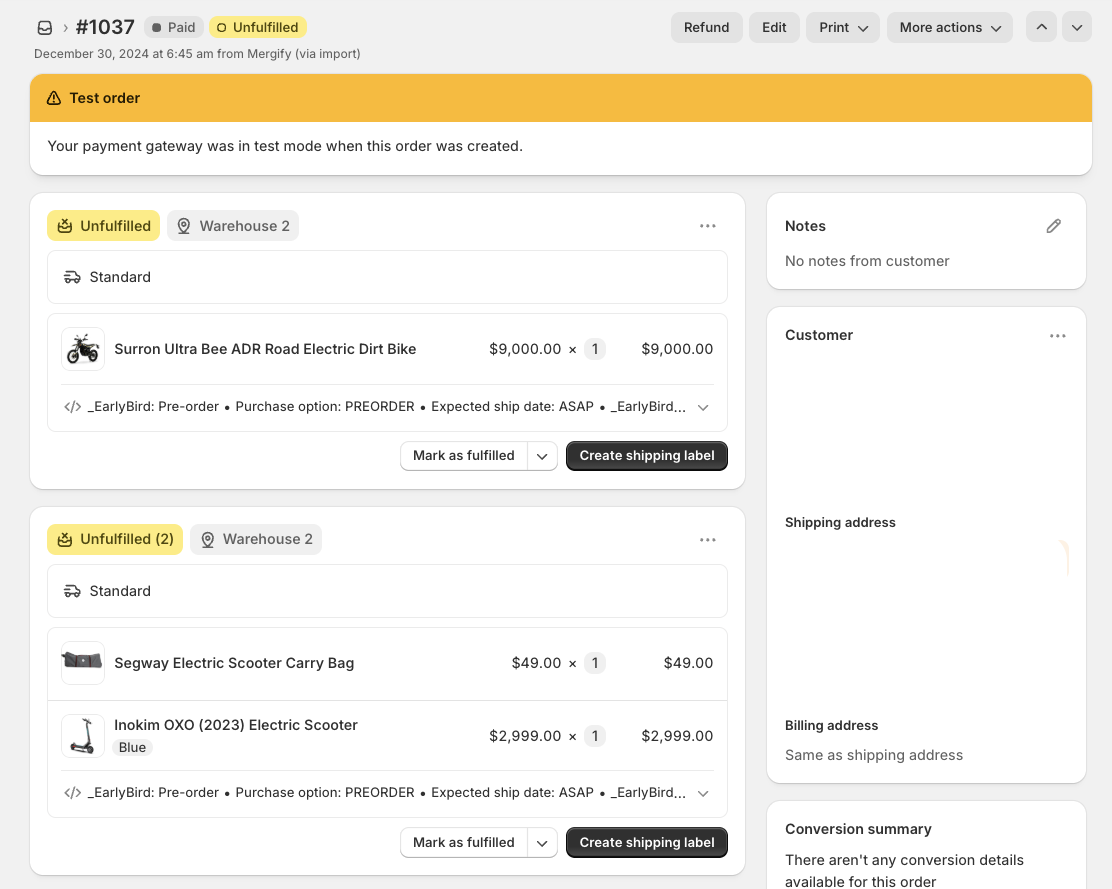 Shopify Admin order #1037 showing two separate Unfulfilled fulfillments in the same order — one with a pre-order item (Surron Electric Dirt Bike) and one with in-stock items (Segway Carry Bag and Inokim Scooter)