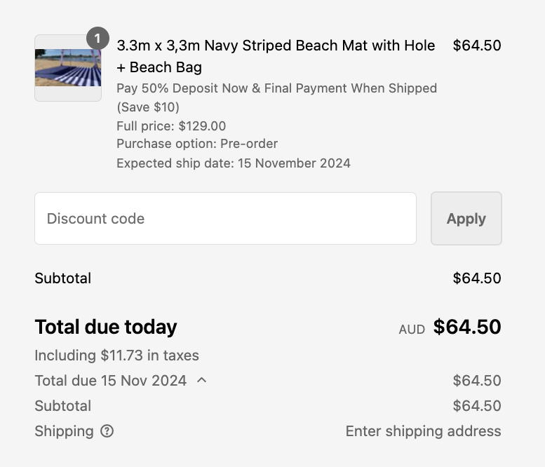 Shopify checkout showing a pre-order item with a 50% deposit, expected ship date of 15 November 2024, and a split payment breakdown showing total due today and total due on the ship date