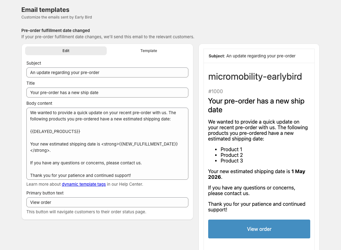 Early Bird's email templates screen showing the