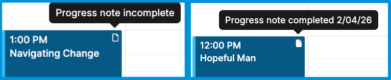Side-by-side comparison of incomplete outlined progress note icon and completed filled-in progress note icon on calendar appointments.