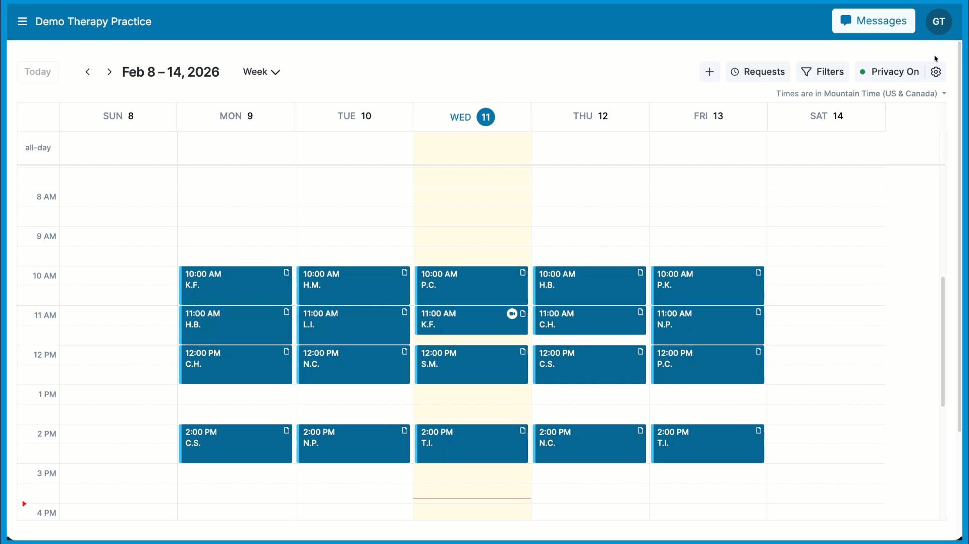 Calendar Preferences menu open, showing options to display First initial only, Client ID, or First and last initials in Privacy Mode.