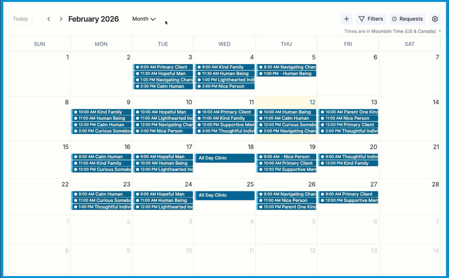 Calendar switching between Month, Week, and Day views.