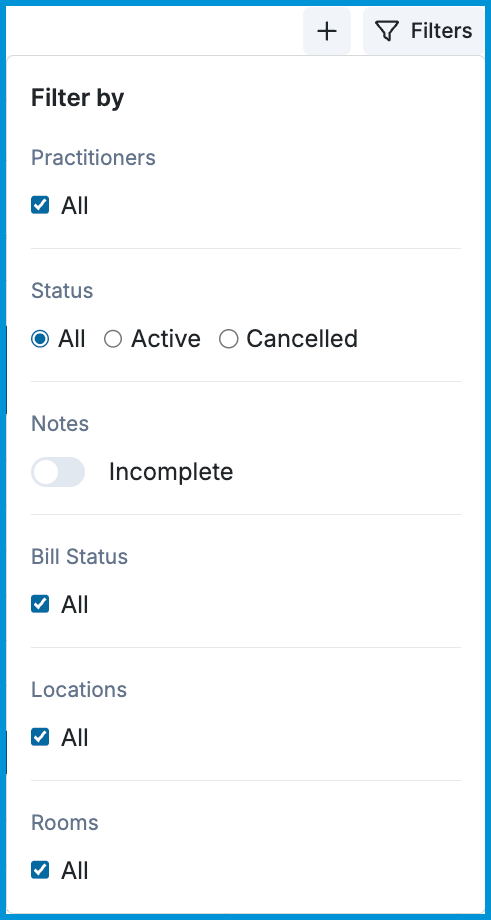 Filters panel showing options for Practitioner, Status, Notes, Bill Status, Locations, and Rooms. 