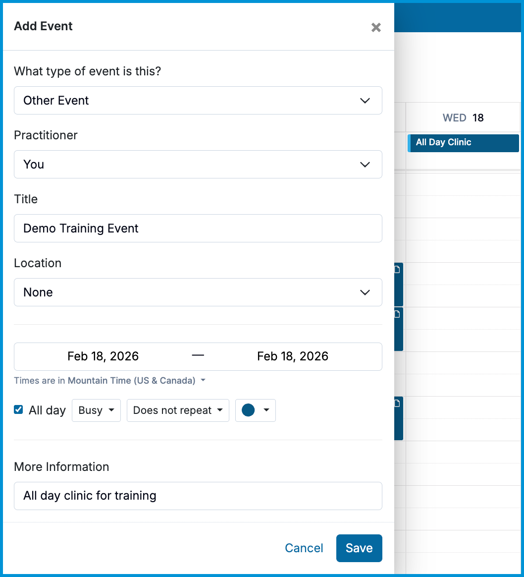 Add Event window showing Other Event selected, All day checked, Busy status selected, and Save button