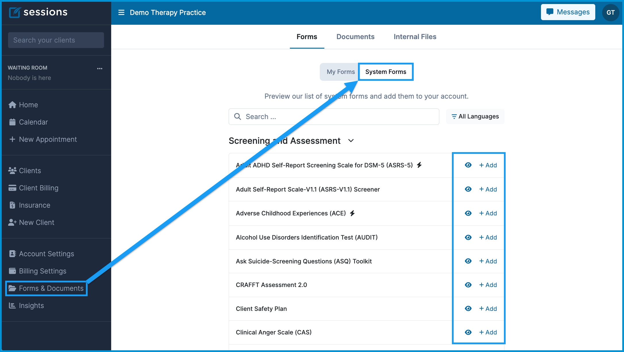 Screenshot of the Forms & Documents page in Sessions Health showing the System Forms tab selected, with a list of available forms and “+ Add” buttons to add forms to the account.