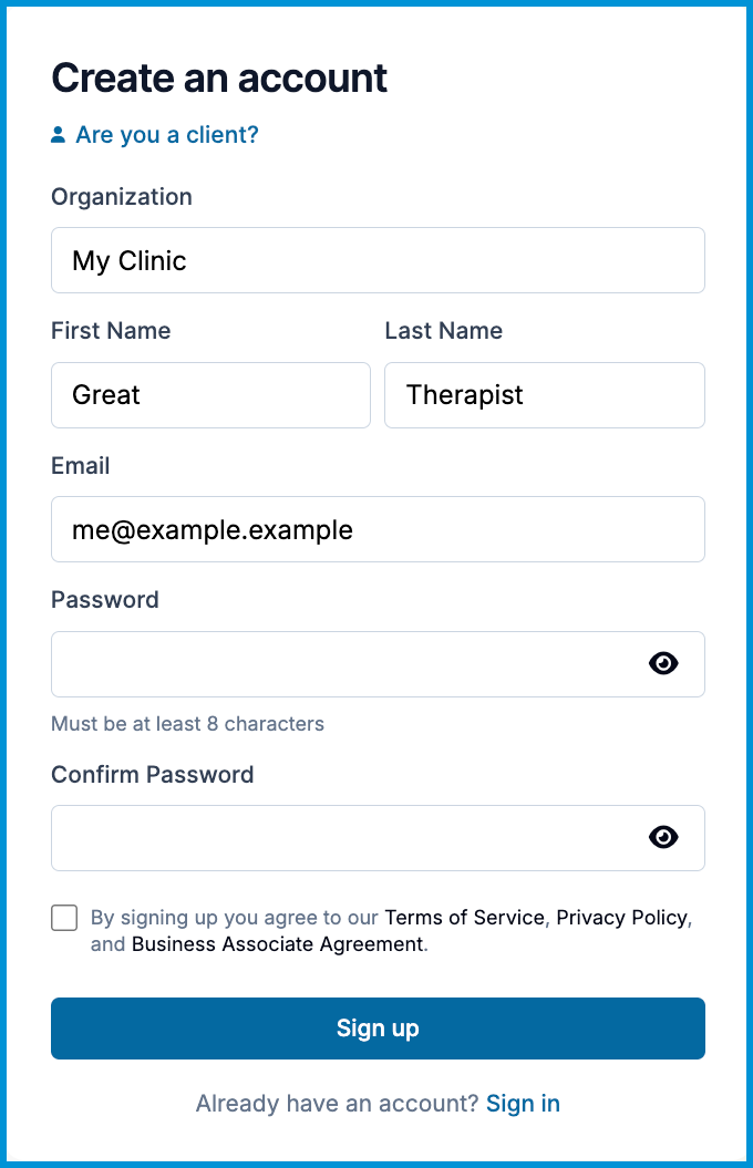 Sessions Health Create Account page showing fields for organization name, practitioner name, email, password, and sign up button.