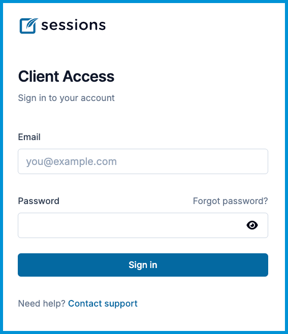 Client Portal login page showing Email and Password fields, a “Forgot password?” link, an eye icon to show or hide the password, and a “Sign in” button.