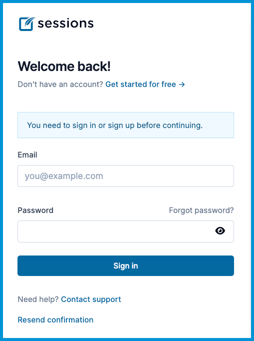 Sessions Health sign-in page with email and password fields, eye icon to show password, and Sign in button.