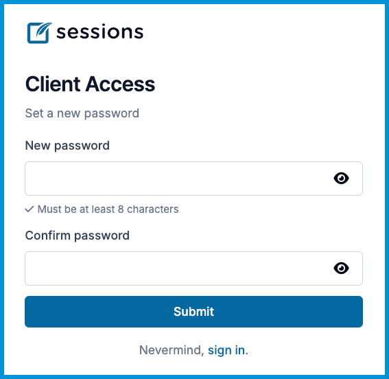 Client Access screen to set and confirm a new password.